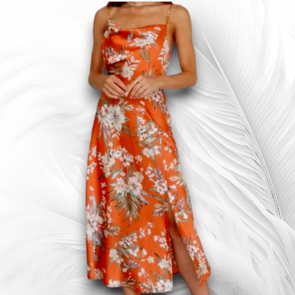 Paper Heart Tropical Floral Satin Maxi Dress Orange Slip Dress Size M